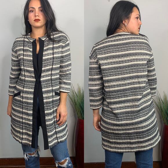 Anne Klein Cream & Navy Open Front Jacket - Picture 1 of 11
